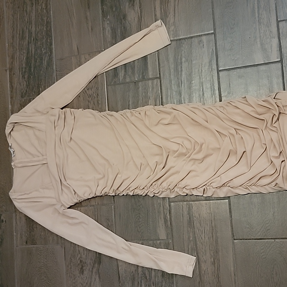 Elegant Long Cream Ruched Maxi Dress w/slide split